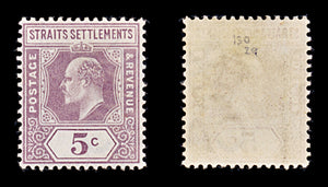 8168: Straits Settlements SG130 5c Dull purple 1906 Mint MVLH C£29