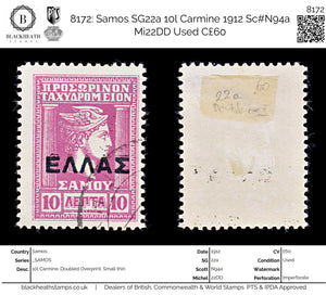 8172: Samos SG22a 10l Carmine 1912 Sc#N94a Mi22DD Used C£60
