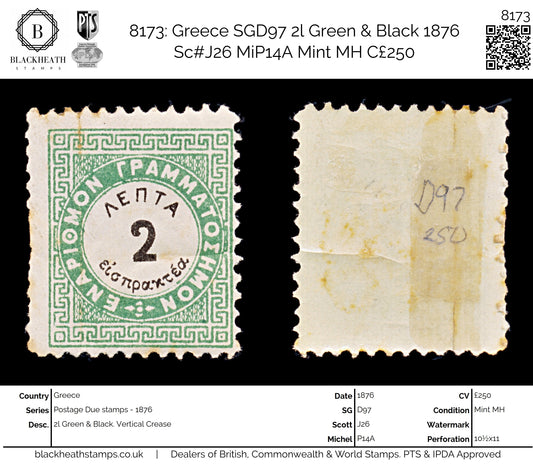 8173: Greece SGD97 2l Green & Black 1876 Sc#J26 MiP14A Mint MH C£250