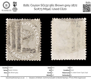 8181: Ceylon SG132 96c Brown grey 1872 Sc#73 Mi54C Used C£20