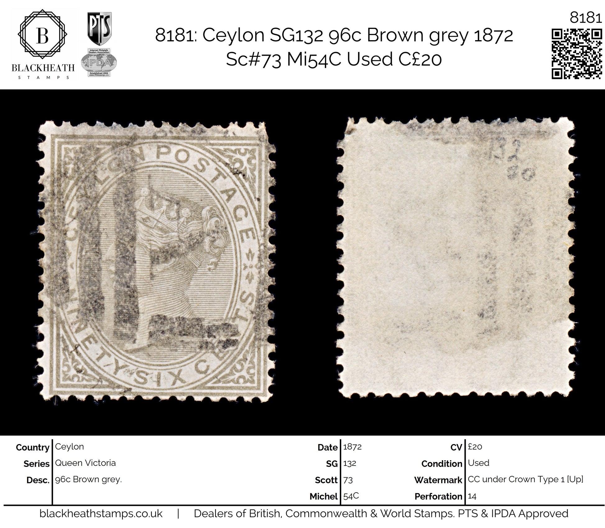 8181: Ceylon SG132 96c Brown grey 1872 Sc#73 Mi54C Used C£20