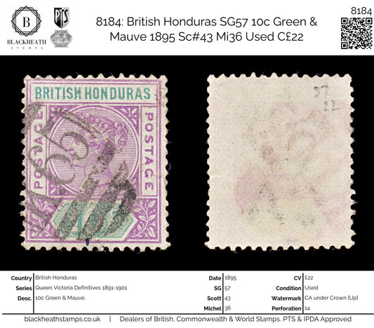 8184: British Honduras SG57 10c Green & Mauve 1895 Sc#43 Mi36 Used C£22