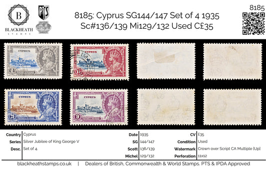 8185: Cyprus SG144/147 Set of 4 1935 Sc#136/139 Mi129/132 Used C£35