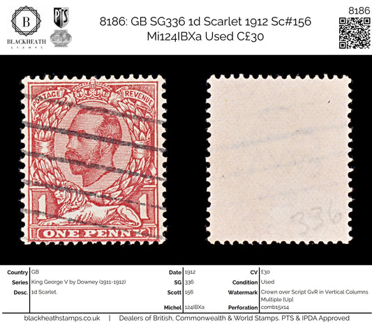 8186: GB SG336 1d Scarlet 1912 Sc#156 Mi124IBXa Used C£30