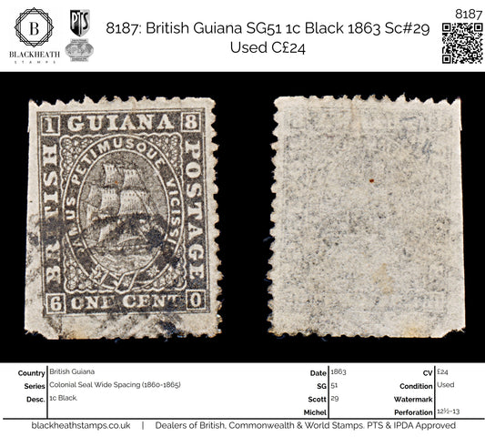 8187: British Guiana SG51 1c Black 1863 Sc#29 Used C£24
