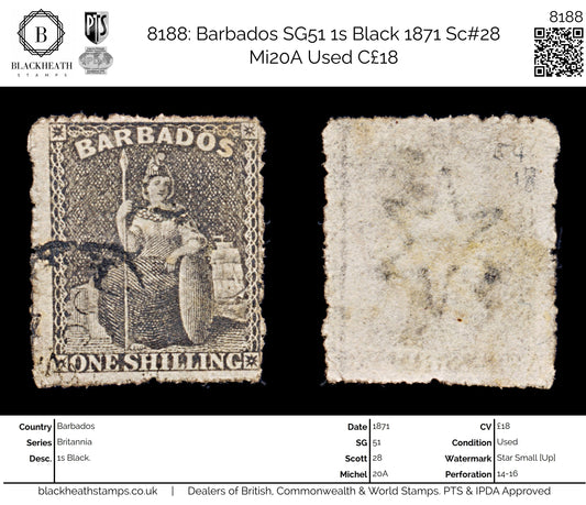 8188: Barbados SG51 1s Black 1871 Sc#28 Mi20A Used C£18