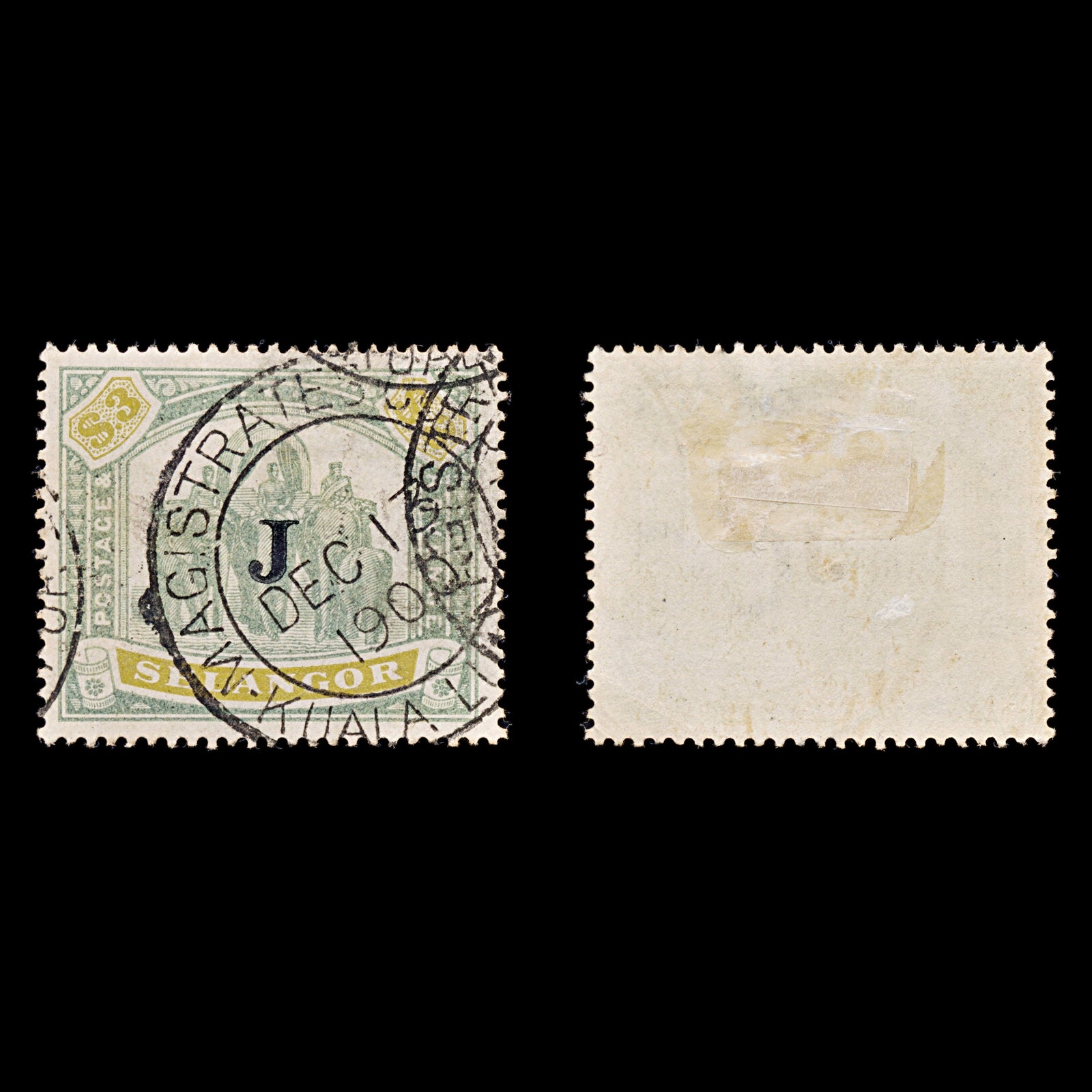 8190: Selangor SG63 3$ Green & Ochre 1897 Sc#38 Mi24 Used C£700