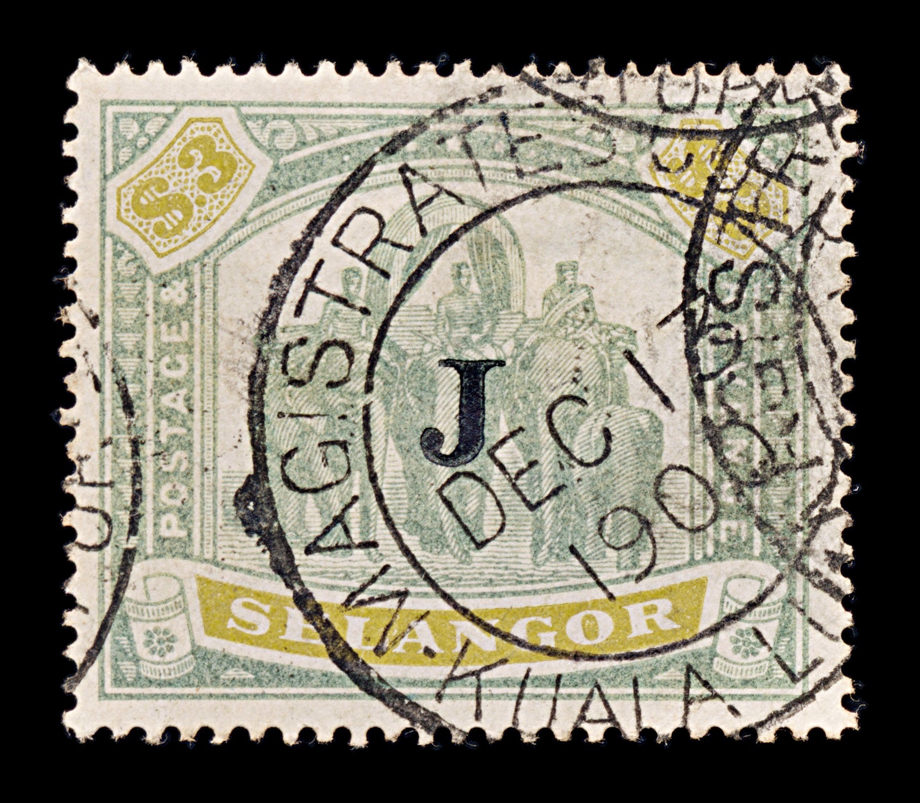 8190: Selangor SG63 3$ Green & Ochre 1897 Sc#38 Mi24 Used C£700