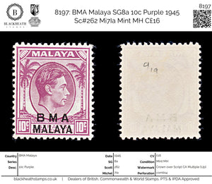 8197: BMA Malaya SG8a 10c Purple 1945 Sc#262 Mi7Ia Mint MH C£16