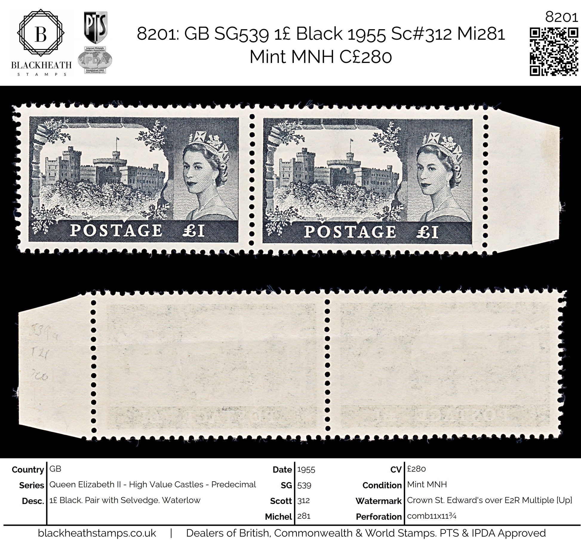 8201: GB SG539 1£ Black 1955 Sc#312 Mi281 Mint MNH C£280