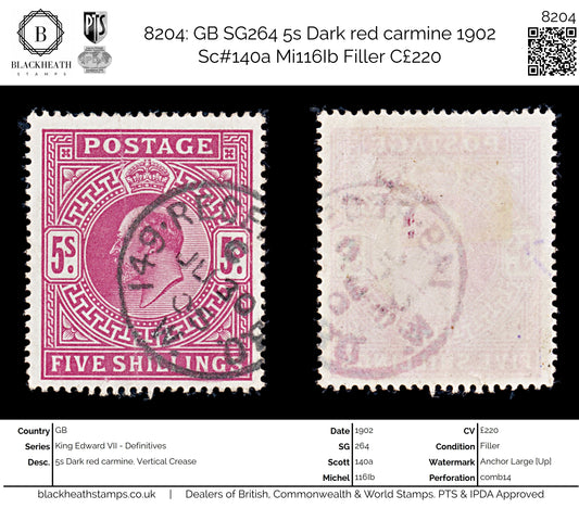 8204: GB SG264 5s Dark red carmine 1902 Sc#140a Mi116Ib Filler C£220