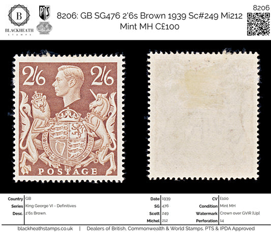 8206: GB SG476 2'6s Brown 1939 Sc#249 Mi212 Mint MH C£100