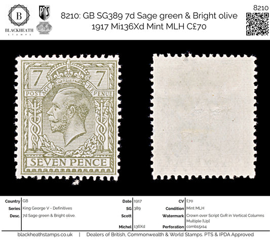 8210: GB SG389 7d Sage green & Bright olive 1917 Mi136Xd Mint MLH C£70