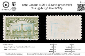 8212: Canada SG285 1$ Olive green 1929 Sc#159 Mi138 Used C£85