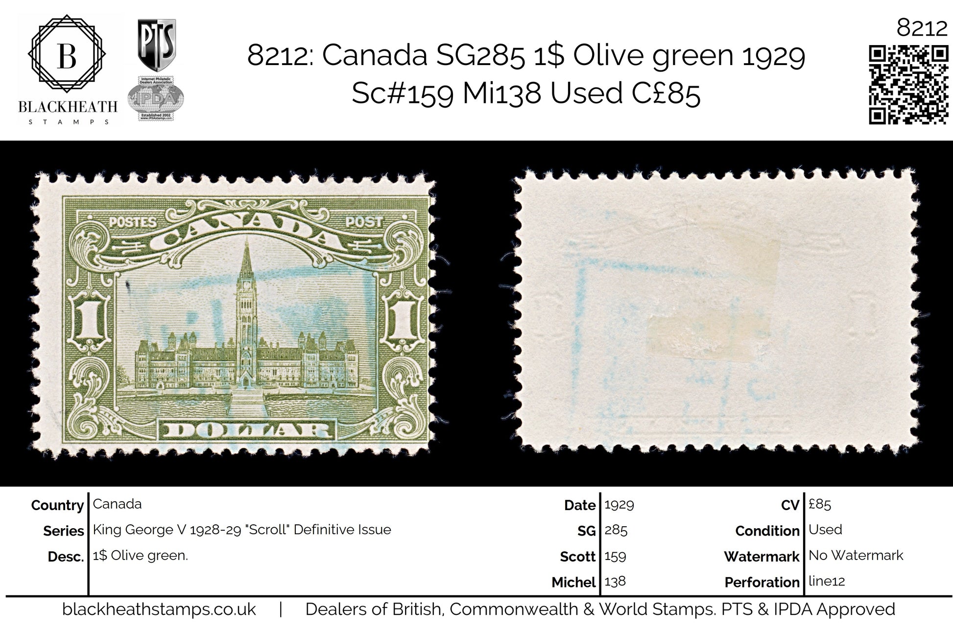 8212: Canada SG285 1$ Olive green 1929 Sc#159 Mi138 Used C£85