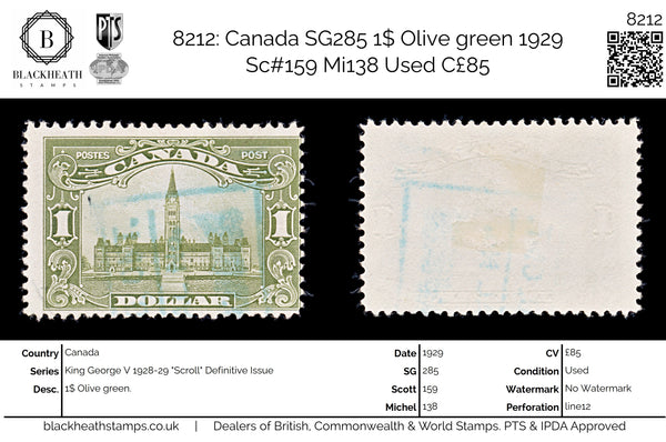 8212: Canada SG285 1$ Olive green 1929 Sc#159 Mi138 Used C£85