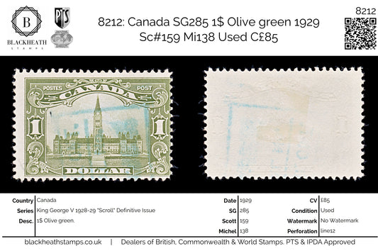 8212: Canada SG285 1$ Olive green 1929 Sc#159 Mi138 Used C£85