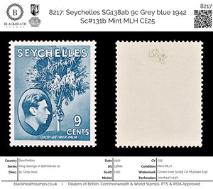 8217: Seychelles SG138ab 9c Grey blue 1942 Sc#131b Mint MLH C£25