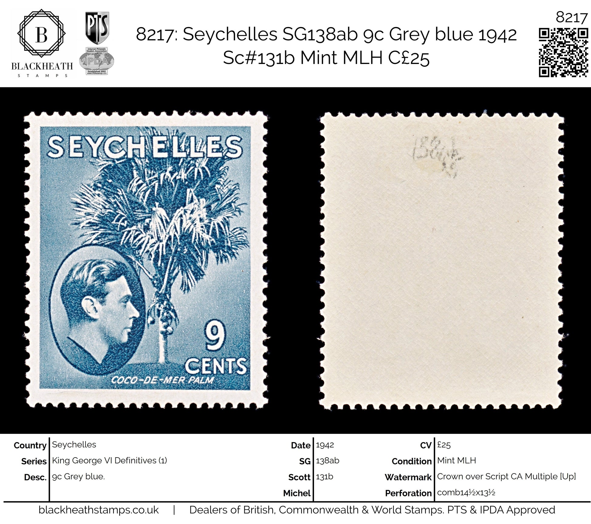 8217: Seychelles SG138ab 9c Grey blue 1942 Sc#131b Mint MLH C£25