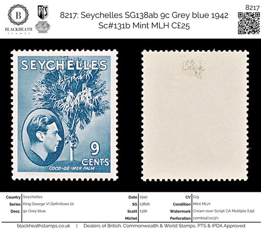 8217: Seychelles SG138ab 9c Grey blue 1942 Sc#131b Mint MLH C£25