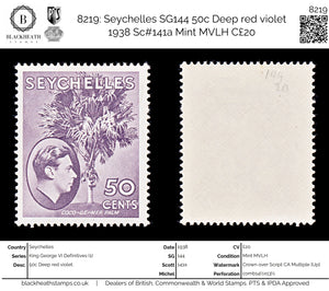 8219: Seychelles SG144 50c Deep red violet 1938 Sc#141a Mint MVLH C£20