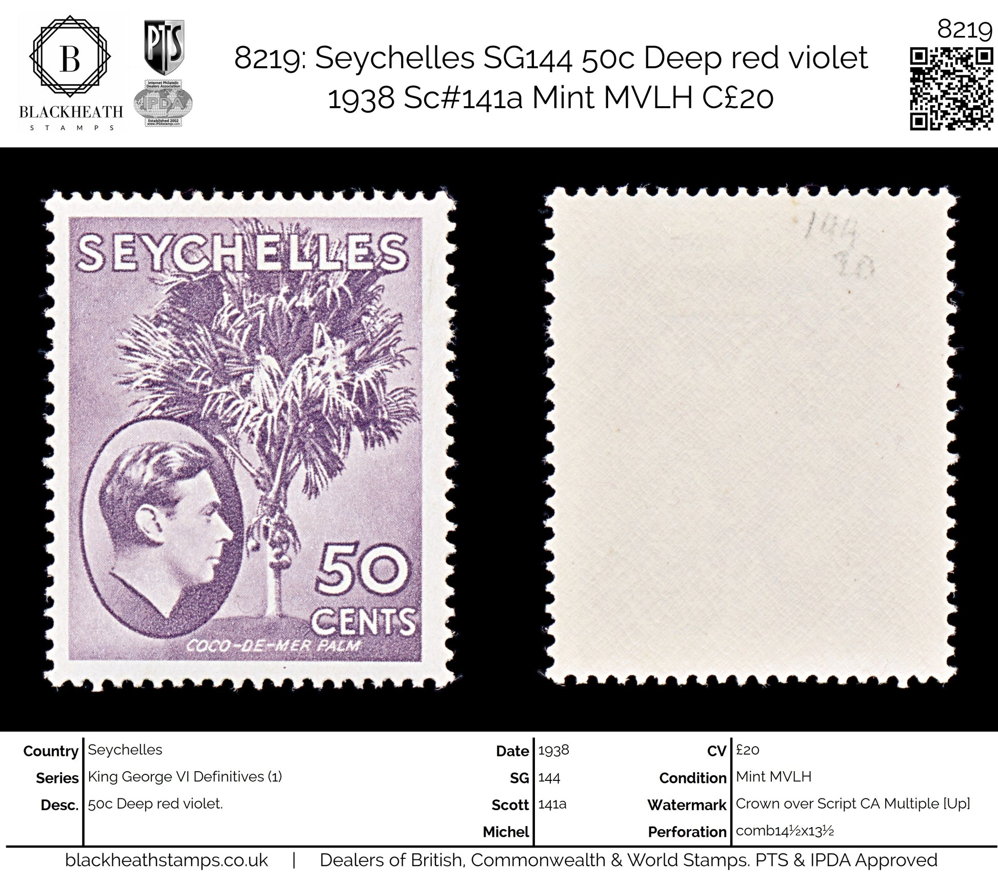 8219: Seychelles SG144 50c Deep red violet 1938 Sc#141a Mint MVLH C£20