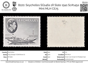 8220: Seychelles SG146a 1R Slate 1941 Sc#145a Mint MLH C£75