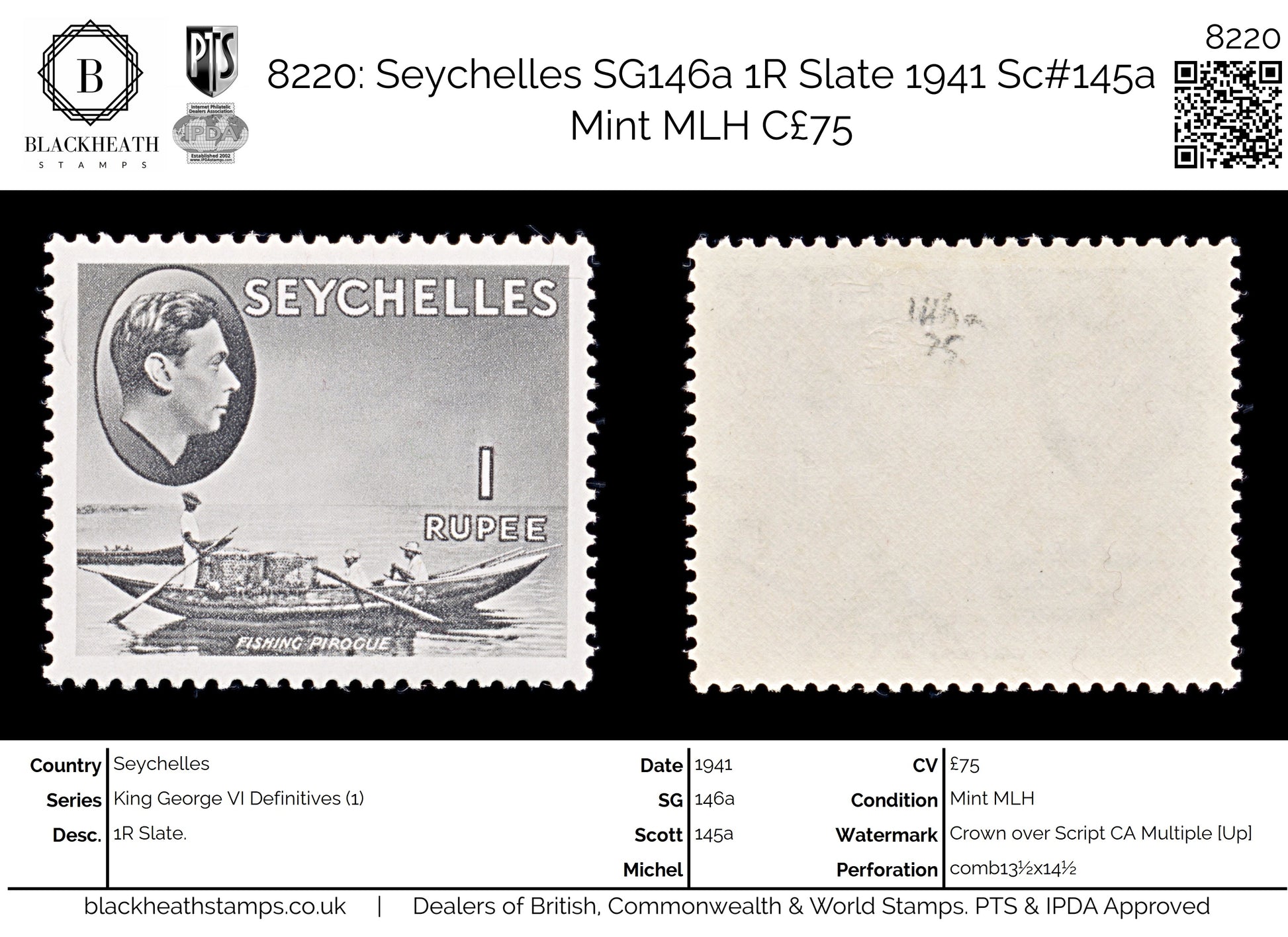 8220: Seychelles SG146a 1R Slate 1941 Sc#145a Mint MLH C£75