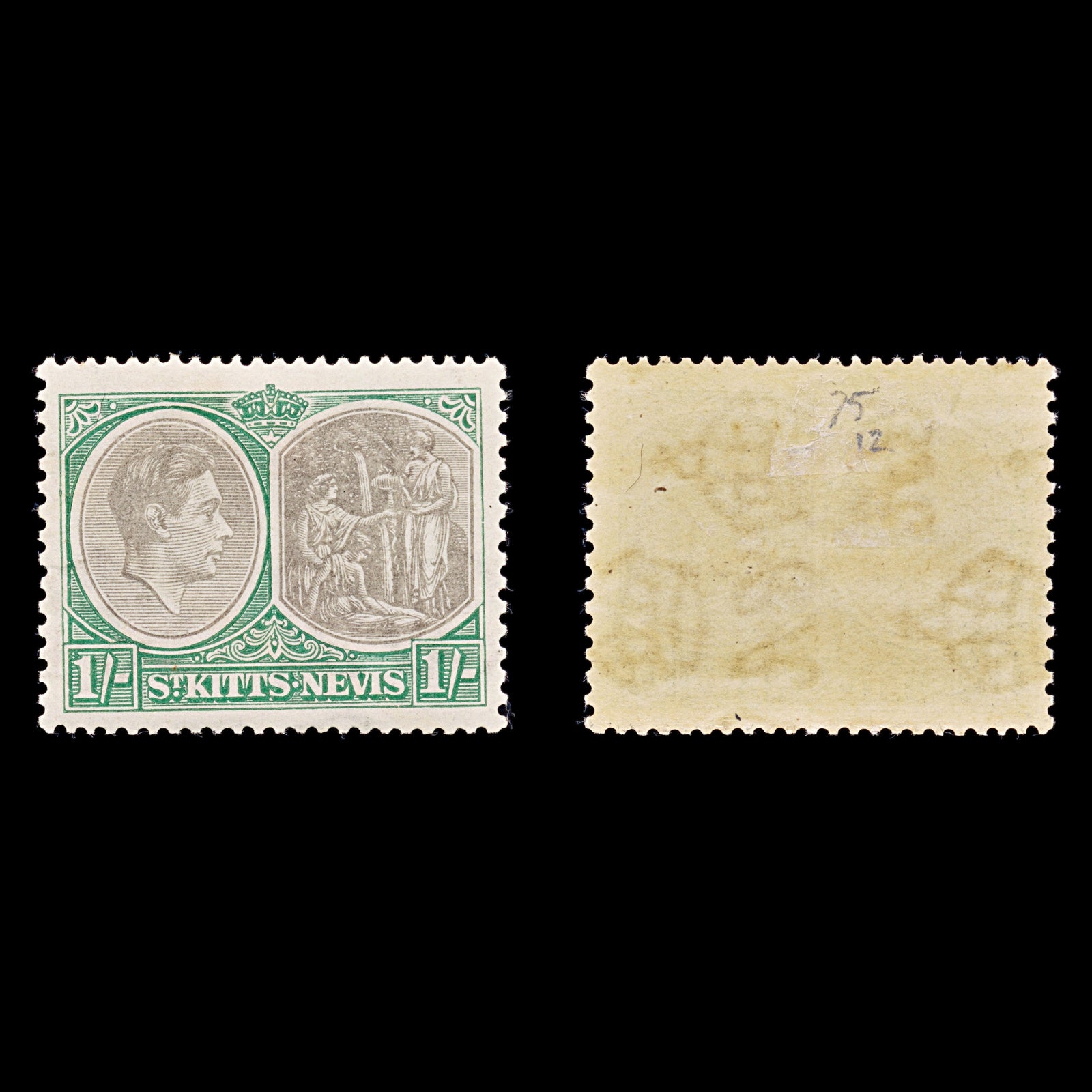 8221: St Kitts Nevis SG75 1s Green & Black 1938 Sc#86a Mi79C Mint MLH C£12