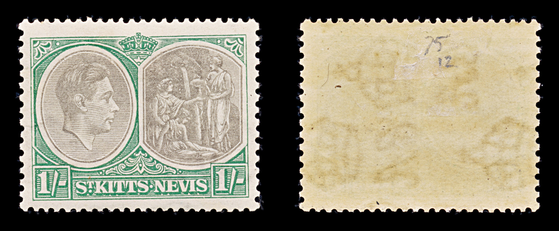 8221: St Kitts Nevis SG75 1s Green & Black 1938 Sc#86a Mi79C Mint MLH C£12