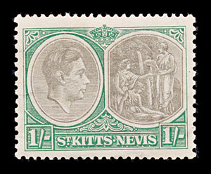 8221: St Kitts Nevis SG75 1s Green & Black 1938 Sc#86a Mi79C Mint MLH C£12