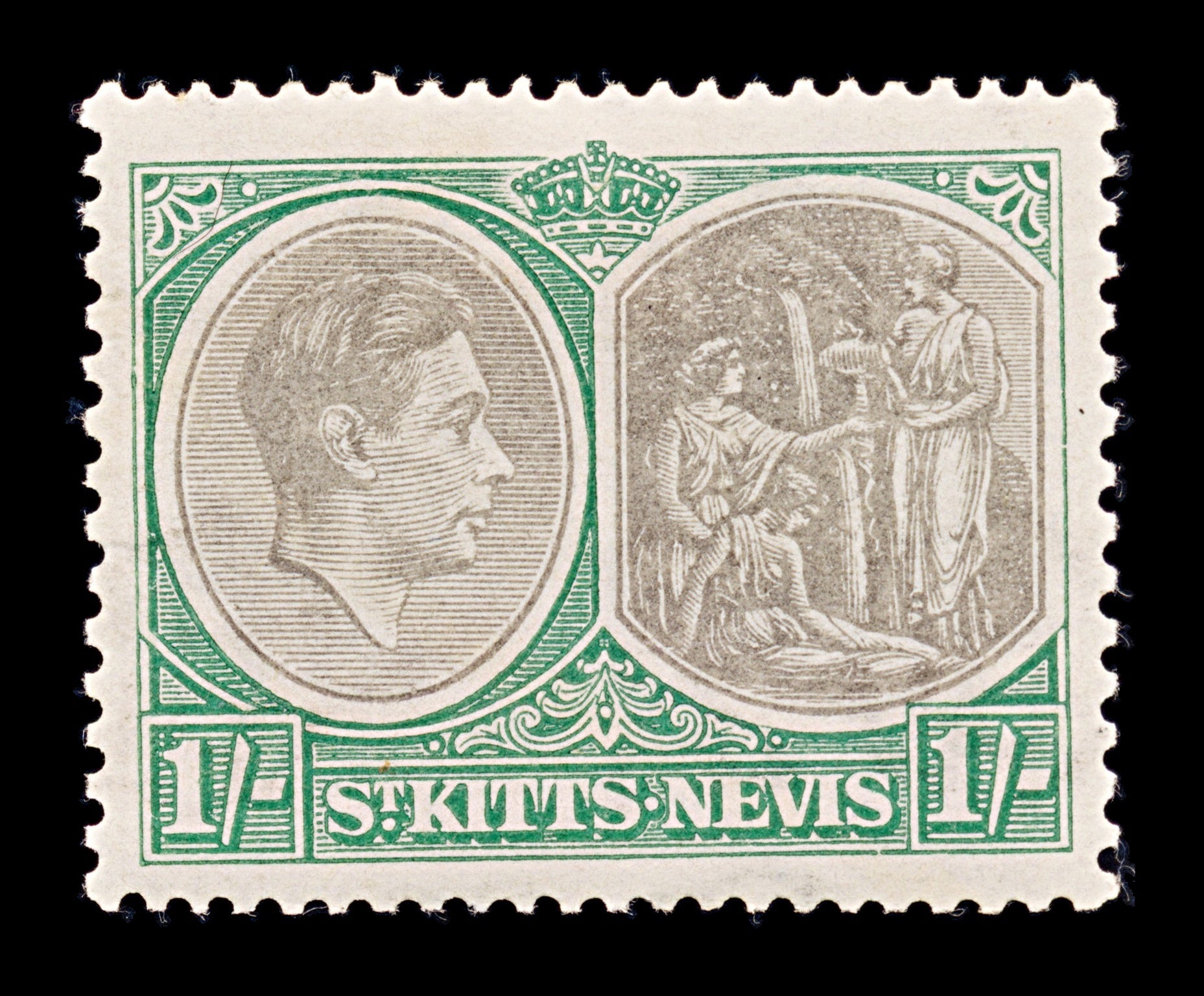 8221: St Kitts Nevis SG75 1s Green & Black 1938 Sc#86a Mi79C Mint MLH C£12