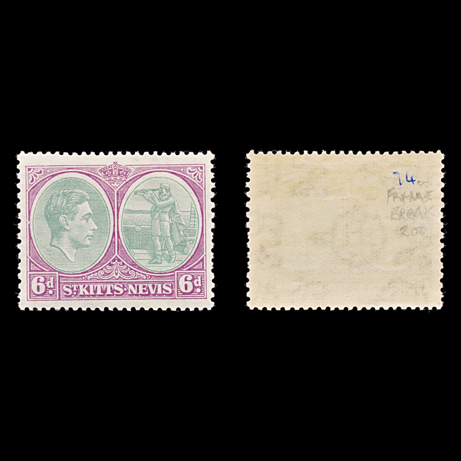 8222: St Kitts Nevis SG74 6d Purple & Ggreen 1938 Sc#85a Mi78Ca Mint MLH C£200