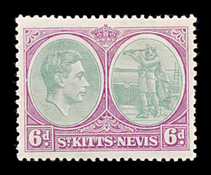 8222: St Kitts Nevis SG74 6d Purple & Ggreen 1938 Sc#85a Mi78Ca Mint MLH C£200