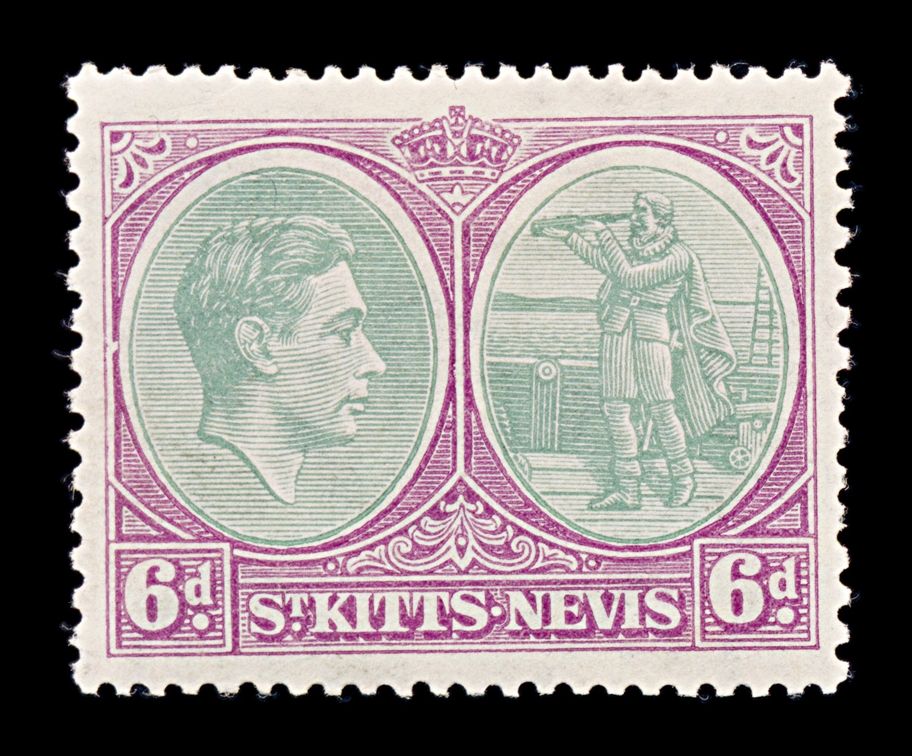 8222: St Kitts Nevis SG74 6d Purple & Ggreen 1938 Sc#85a Mi78Ca Mint MLH C£200