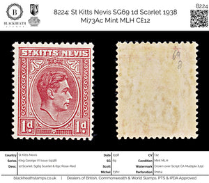 8224: St Kitts Nevis SG69 1d Scarlet 1938 Mi73Ac Mint MLH C£12