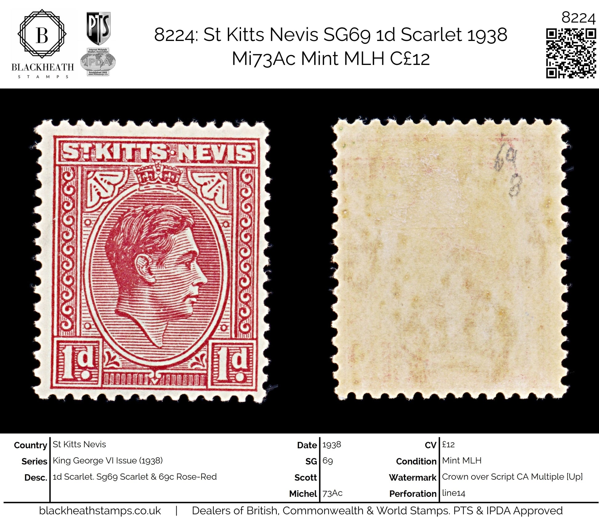 8224: St Kitts Nevis SG69 1d Scarlet 1938 Mi73Ac Mint MLH C£12
