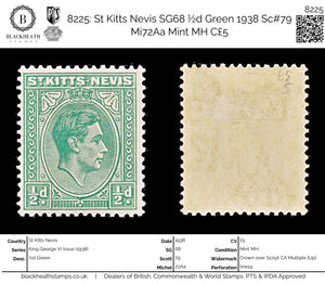 8225: St Kitts Nevis SG68 ½d Green 1938 Sc#79 Mi72Aa Mint MH C£5
