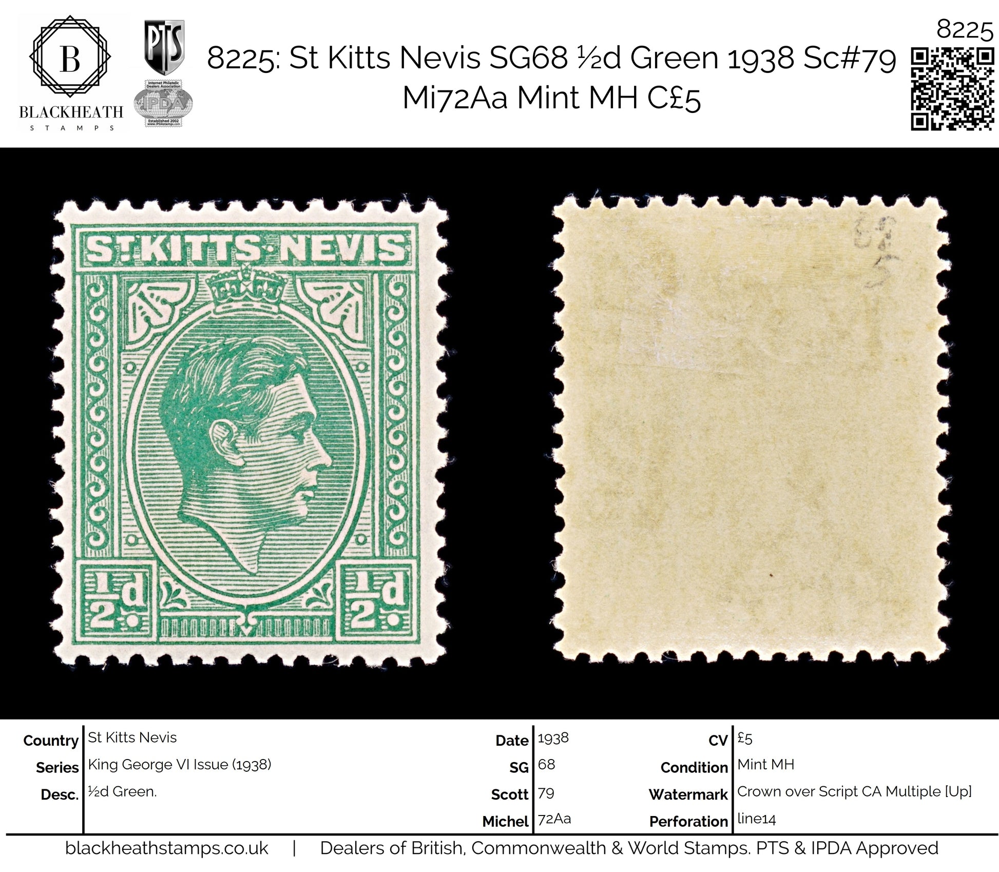 8225: St Kitts Nevis SG68 ½d Green 1938 Sc#79 Mi72Aa Mint MH C£5