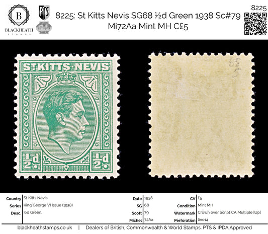 8225: St Kitts Nevis SG68 ½d Green 1938 Sc#79 Mi72Aa Mint MH C£5