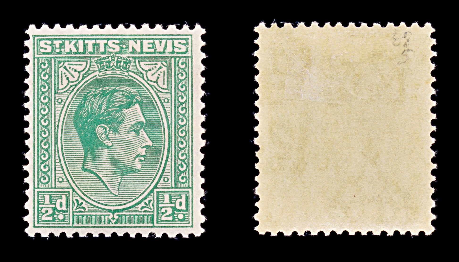 8225: St Kitts Nevis SG68 ½d Green 1938 Sc#79 Mi72Aa Mint MH C£5
