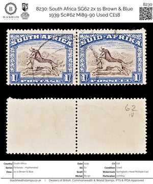 8230: South Africa SG62 2x 1s Brown & Blue 1939 Sc#62 Mi89-90 Used C£18