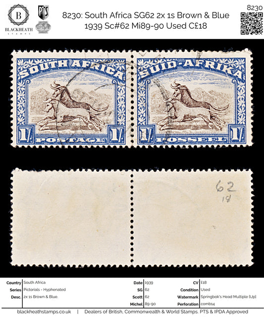 8230: South Africa SG62 2x 1s Brown & Blue 1939 Sc#62 Mi89-90 Used C£18