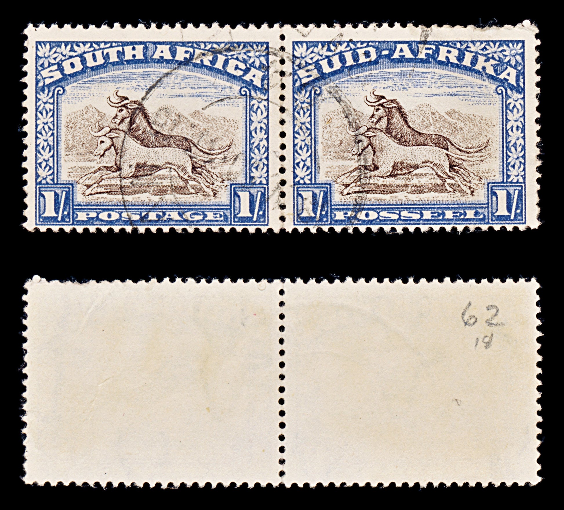 8230: South Africa SG62 2x 1s Brown & Blue 1939 Sc#62 Mi89-90 Used C£18