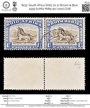 8231: South Africa SG62 2x 1s Brown & Blue 1939 Sc#62 Mi89-90 Used C£18