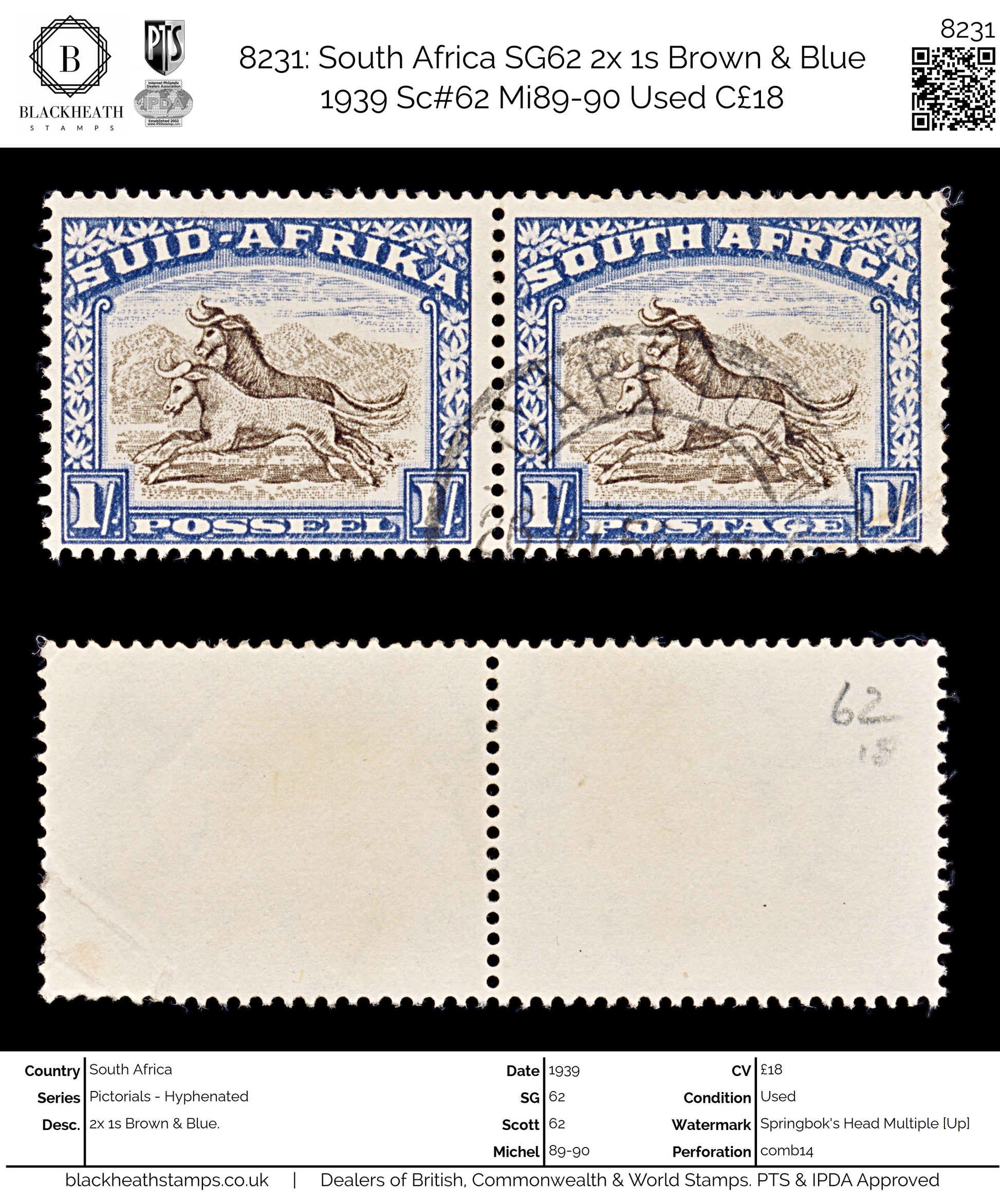 8231: South Africa SG62 2x 1s Brown & Blue 1939 Sc#62 Mi89-90 Used C£18