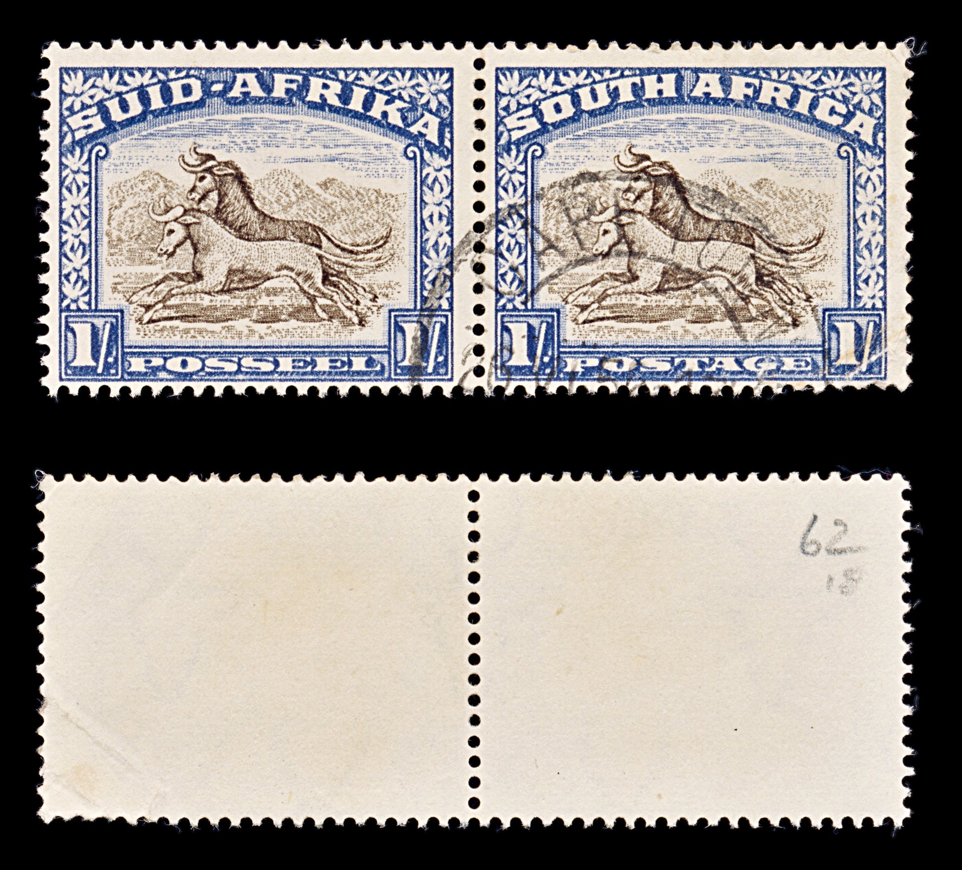 8231: South Africa SG62 2x 1s Brown & Blue 1939 Sc#62 Mi89-90 Used C£18