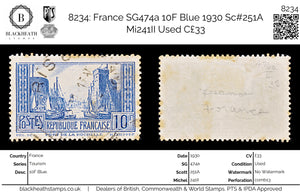 8234: France SG474a 10F Blue 1930 Sc#251A Mi241II Used C£33