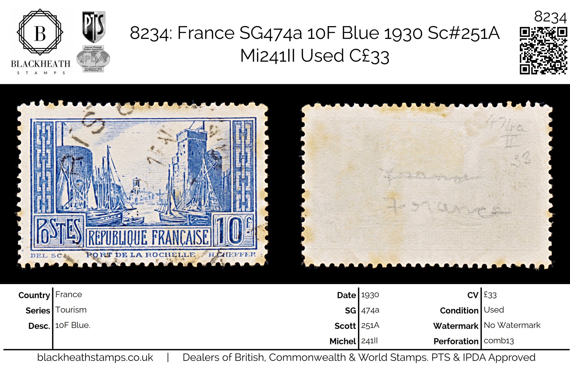 8234: France SG474a 10F Blue 1930 Sc#251A Mi241II Used C£33
