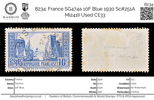 8234: France SG474a 10F Blue 1930 Sc#251A Mi241II Used C£33
